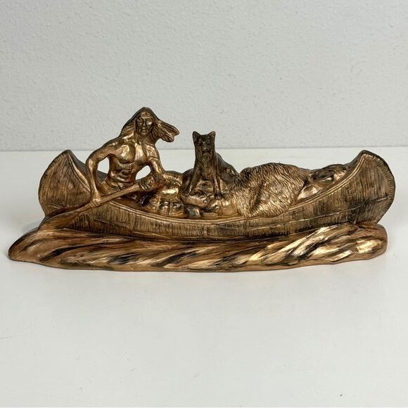 Vintage Handmade Ceramic Bisque Native American Indian Painted Canoe Figurine - Picture 1 of 9